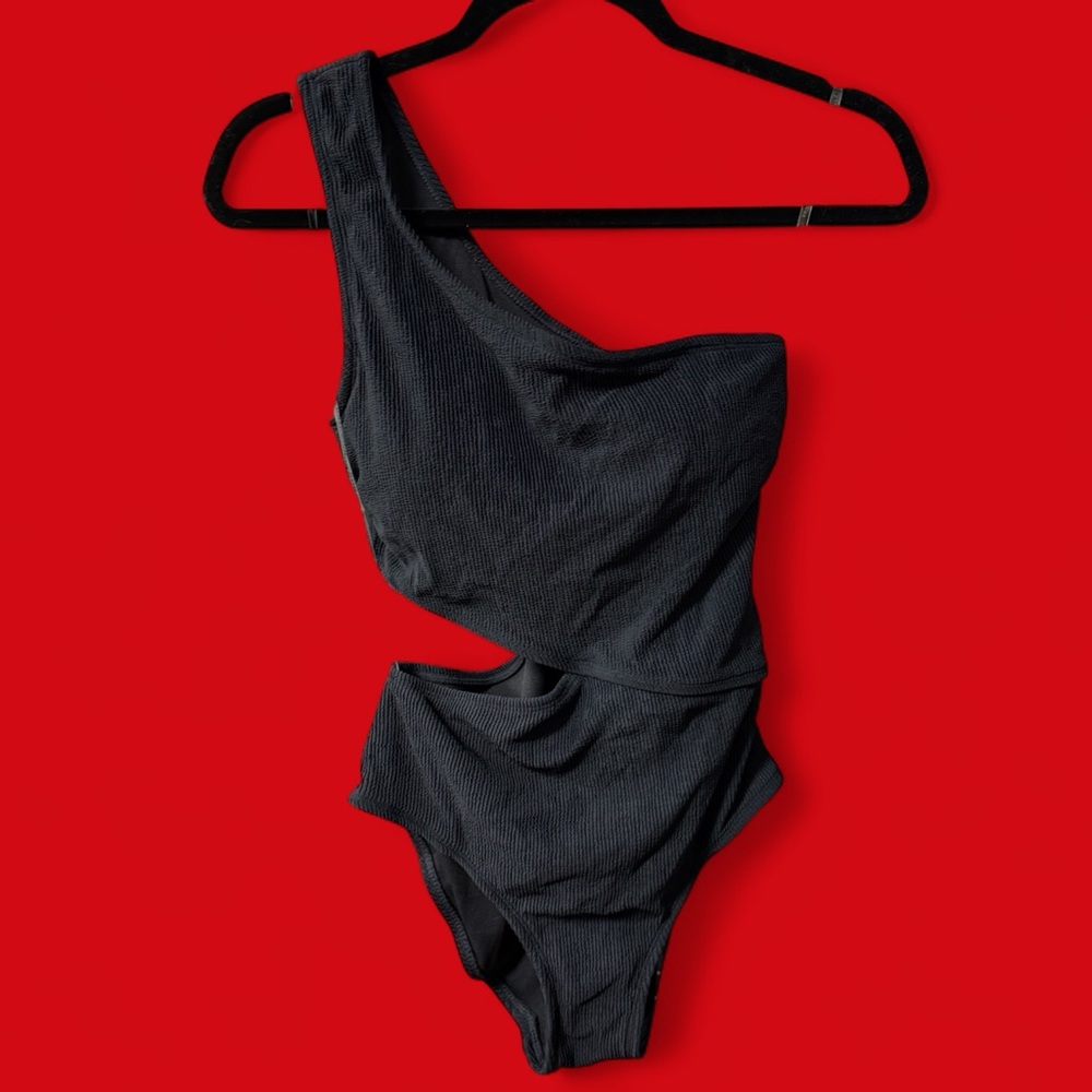 Michael Kors size 10 open side one shoulder swimsuit solid ribbed black $98 new